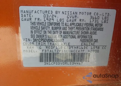 2024 Nissan Kicks Sr Xtronic Cvt z USA, uszkodzony, nr VIN 3N1CP5DV0RL534467